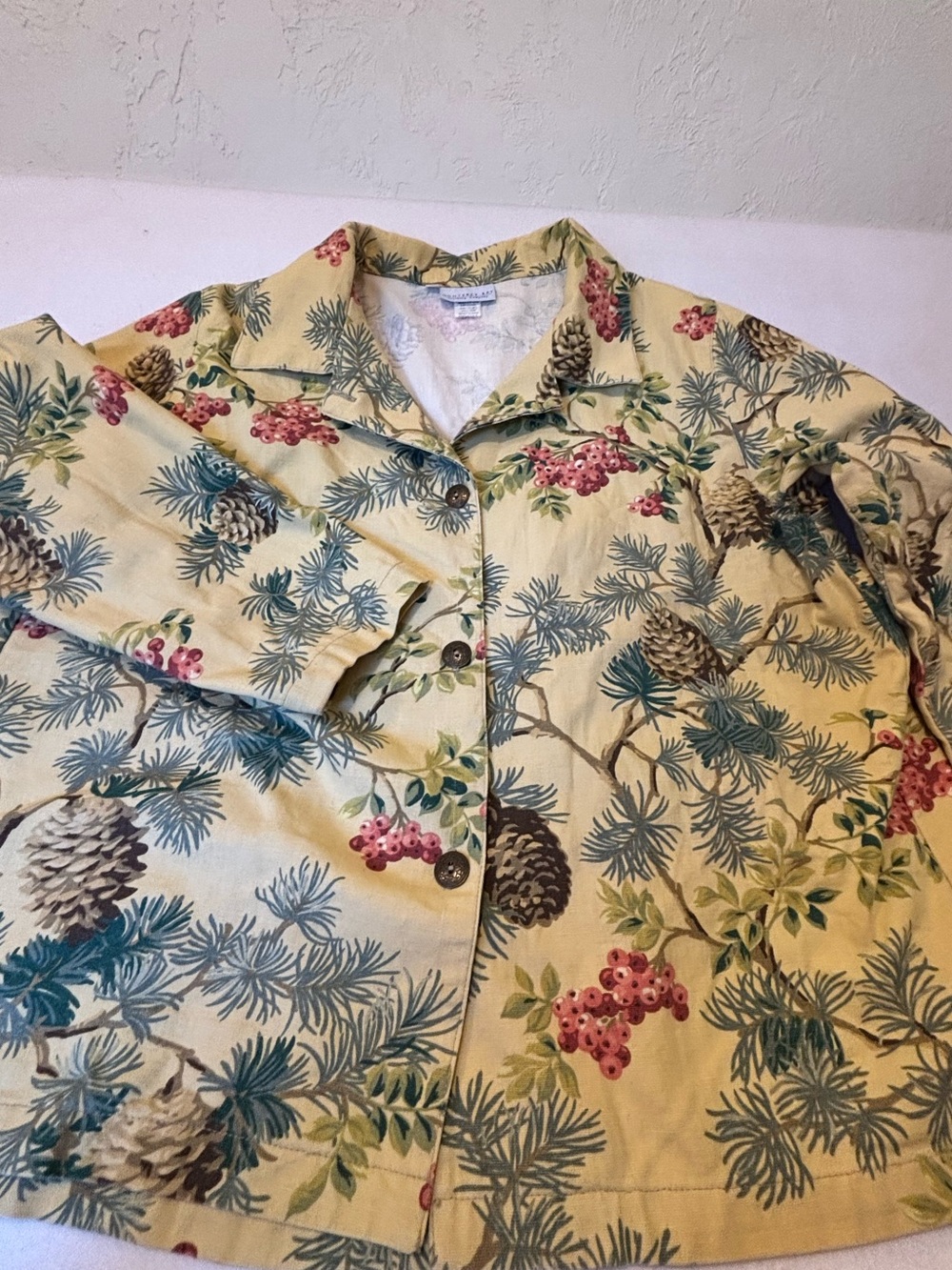 Monterey Bay Yellow Pinecone Berry Print Cotton Button Front Jacket Top L - Picture 7 of 9